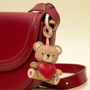 Vegan Leather Teddy Bear Keychain with Heart, Cute Bag or Purse Charm, Car Rearview Accessory, Unique Gift Idea