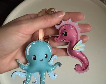 Under The Sea Collection Bag Charm, Microfiber Keychain Charm, Cute Seahorse, Crawfish Handbag and Purse Charm, Gift for Her