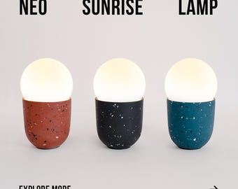 May include: Three table lamps with white globe shades and speckled bases. The bases are red, black, and blue.