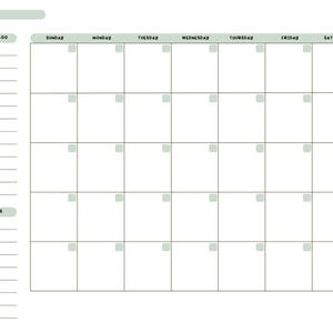 May include: A sage green monthly planner template featuring a grid for seven days of the week, Sunday through Saturday. The layout includes a section labeled Monthly To-Do with lined spaces and a separate section labeled Reminders with additional lines.