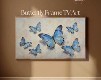 フレームTVアート ブルーモルフォ蝶の絵画 | インパストテクスチャードフローラルTVアートディスプレイ 4K | Samsung Frame TV用