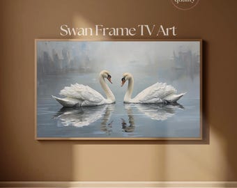 フレームTVアート 白鳥のカップル | ヴィンテージ風厚塗り油絵 テレビアートディスプレイ 4K | Samsung Frame TV用