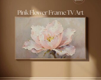 フレームTVアート ブラッシュピンクの花の厚塗り絵画 | ロマンチックな質感のフローラルTVアートディスプレイ 4K | Samsung Frame TV用