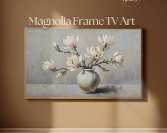 フレームTVアート マグノリアの枝 セラミック花瓶入り | 植物の春のTVアートディスプレイ 4K | Samsung Frame TV用