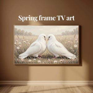 Frame tv-kunst lente witte duiven romantisch neutraal weidepastel 4K voor Samsung Frame TV