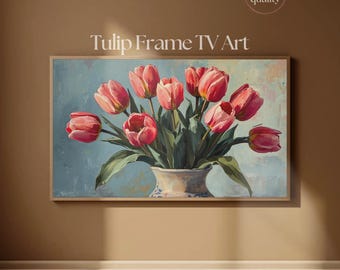 フレームTVアート チューリップブーケ | ヴィンテージ風厚塗り油絵 テレビアートディスプレイ 4K | Samsung Frame TV用