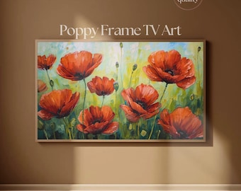 フレームTVアート 赤いポピー畑の絵画 | 大胆な花柄の厚塗りTVアートディスプレイ 4K | Samsung Frame TV用