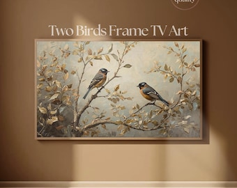フレームTVアート「秋の枝にとまる2羽のコマドリ」｜ビンテージ風鳥の絵画TVアートディスプレイ4K｜Samsung Frame TV用