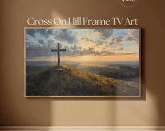 フレームTVアート 丘の上の十字架と夕日の風景 | ドラマチックなキリスト教信仰のTVアートディスプレイ 4K | Samsung Frame TV用