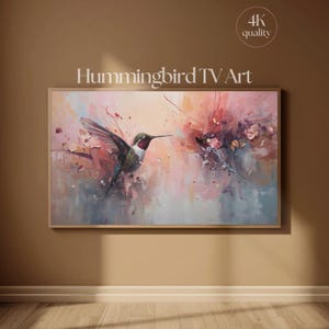 Cuadro decorativo para TV con diseño de colibrí / Pintura al óleo floral abstracta y colorida en rosa / Descarga digital para Samsung Frame TV