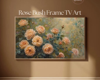 フレームTVアート 桃のバラの茂み | ヴィンテージ風厚塗り油絵 テレビアートディスプレイ 4K | Samsung Frame TV用