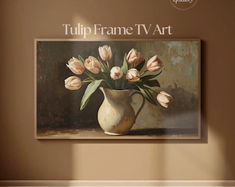 フレームTVアート チューリップブーケ | ヴィンテージ風厚塗り油絵 テレビアートディスプレイ 4K | Samsung Frame TV用