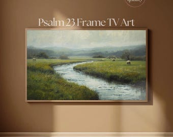 フレームTVアート 牧歌的な羊と小川の風景 | 詩篇23 緑の牧草地 TVアートディスプレイ 4K | Samsung Frame TV用