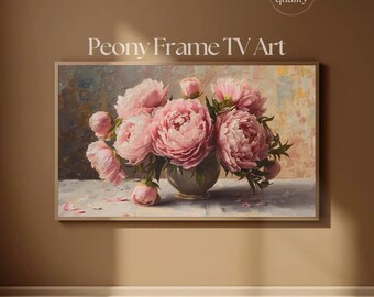 フレームTVアート 牡丹の花束 | ヴィンテージ風厚塗り油絵 テレビアートディスプレイ 4K | Samsung Frame TV用