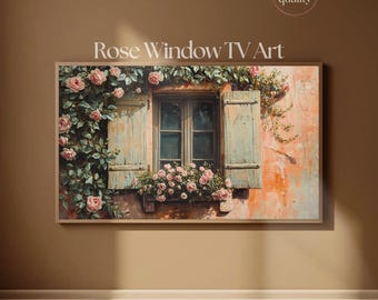 フレームTVアート ローズコテージウィンドウ | ヴィンテージ風厚塗り油絵 テレビアートディスプレイ 4K | Samsung Frame TV用