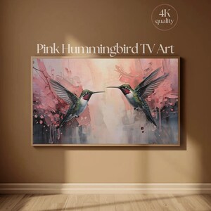 Hummingbird Frame TV Art | Romantic Pastel Pink Oil Painting Bird Pair | Samsung Frame TV Digital Download