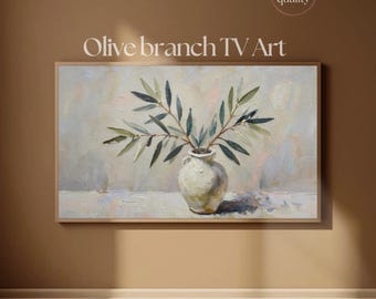 フレームTVアート オリーブの枝 陶器の花瓶入り | 地中海風ボタニカルTVアートディスプレイ 4K | Samsung Frame TV用