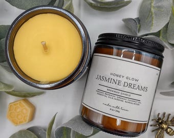 Jasmine Dreams Beeswax Candle| 100% Pure Beeswax, Essential Oils, Organic Coconut Oil | Hand poured in Kentucky | Clean, Non-Toxic | Local