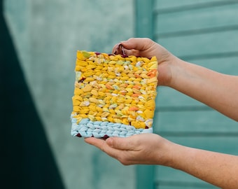 Small Handwoven Wall Hanging, 6" x 6" Square, Yellow with Light Aqua