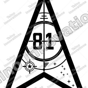 May include: A black and white graphic design featuring a large triangular emblem with a central crosshair target symbol. The number 81 is prominently displayed in the center. Additional elements include a small star icon and a cluster of small crosses.