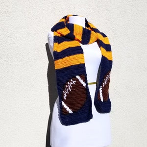 Crocheted Football Scarf: Blue and Orange Team Colors