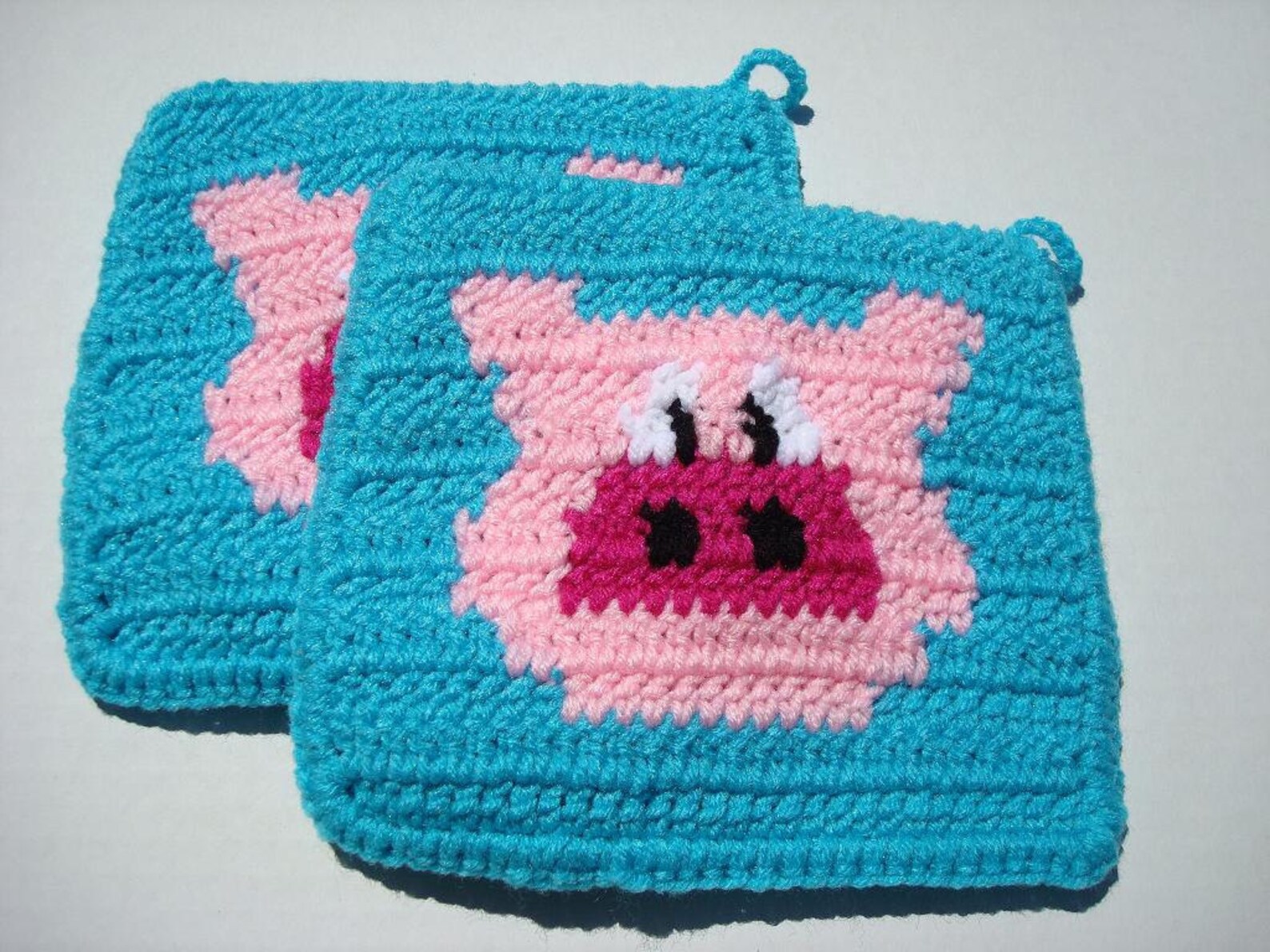 Bright Blue Pig Potholders Crochet Pig Potholders, Pot Holders, Hotpads