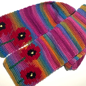 Poppy Scarf for Women - Red Poppies Scarf - Multicolor Yellow, Pink, Blue, Purple Scarf - Crochet, Crocheted Scarves for Women for Winter