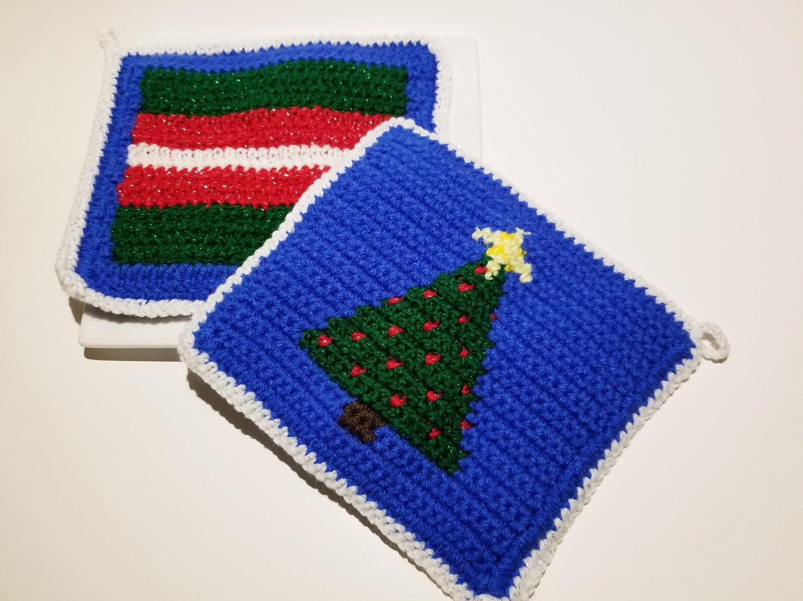 Set of Two Christmas Tree Potholders Christmas Potholders Crochet