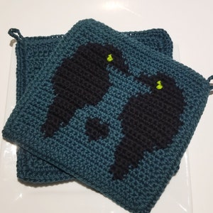 Raven Potholders, Teal Potholders, Crochet Potholders, Gift for Gothic, Horror Story, Horror Movie Fans, Dark Gift for Him, Her Macabre Gift