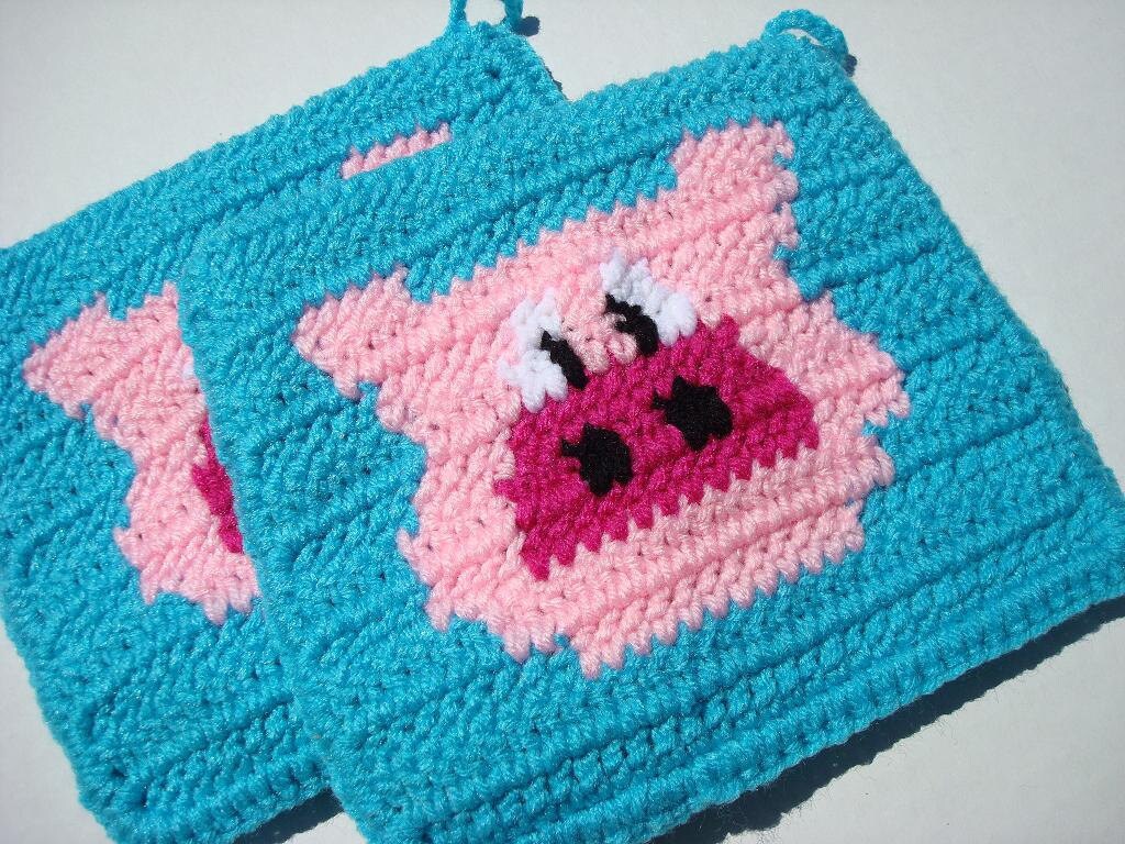 Bright Blue Pig Potholders Crochet Pig Potholders, Pot Holders, Hotpads