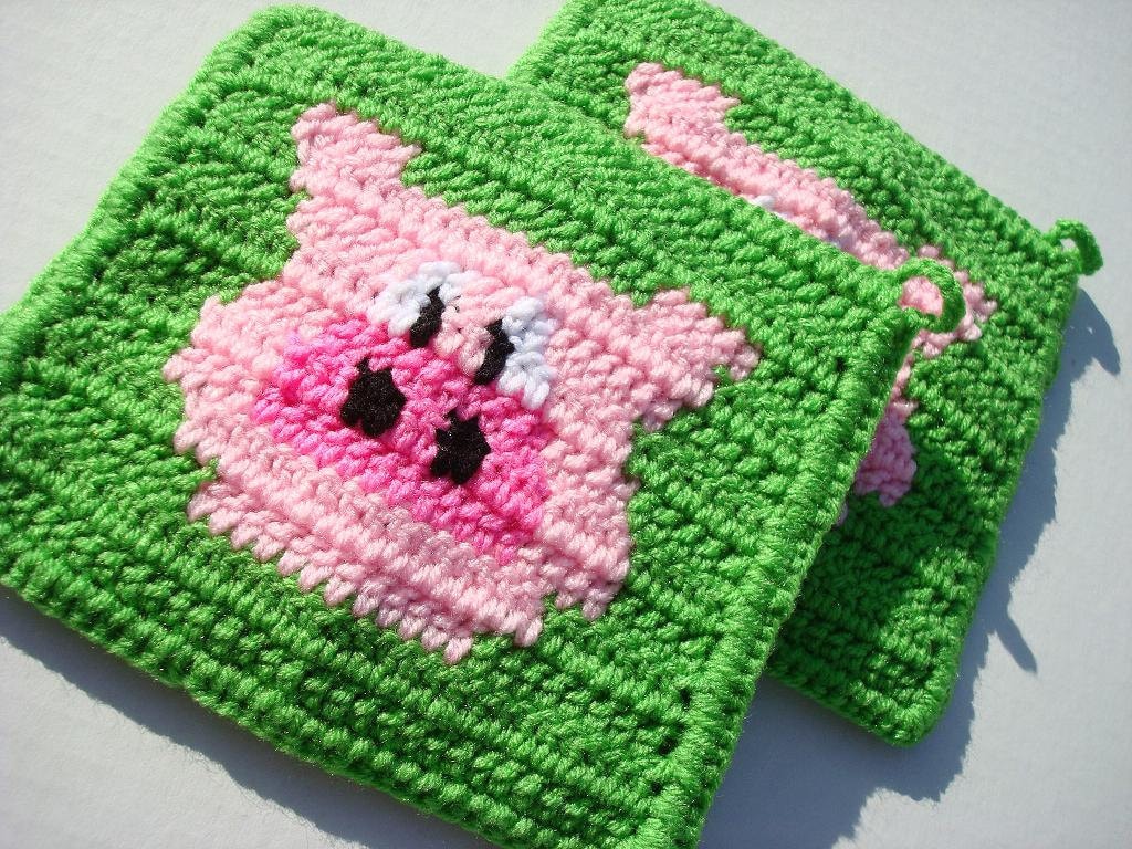 Two Pig Potholders Bright Lime Green Pig Potholders Pink Etsy