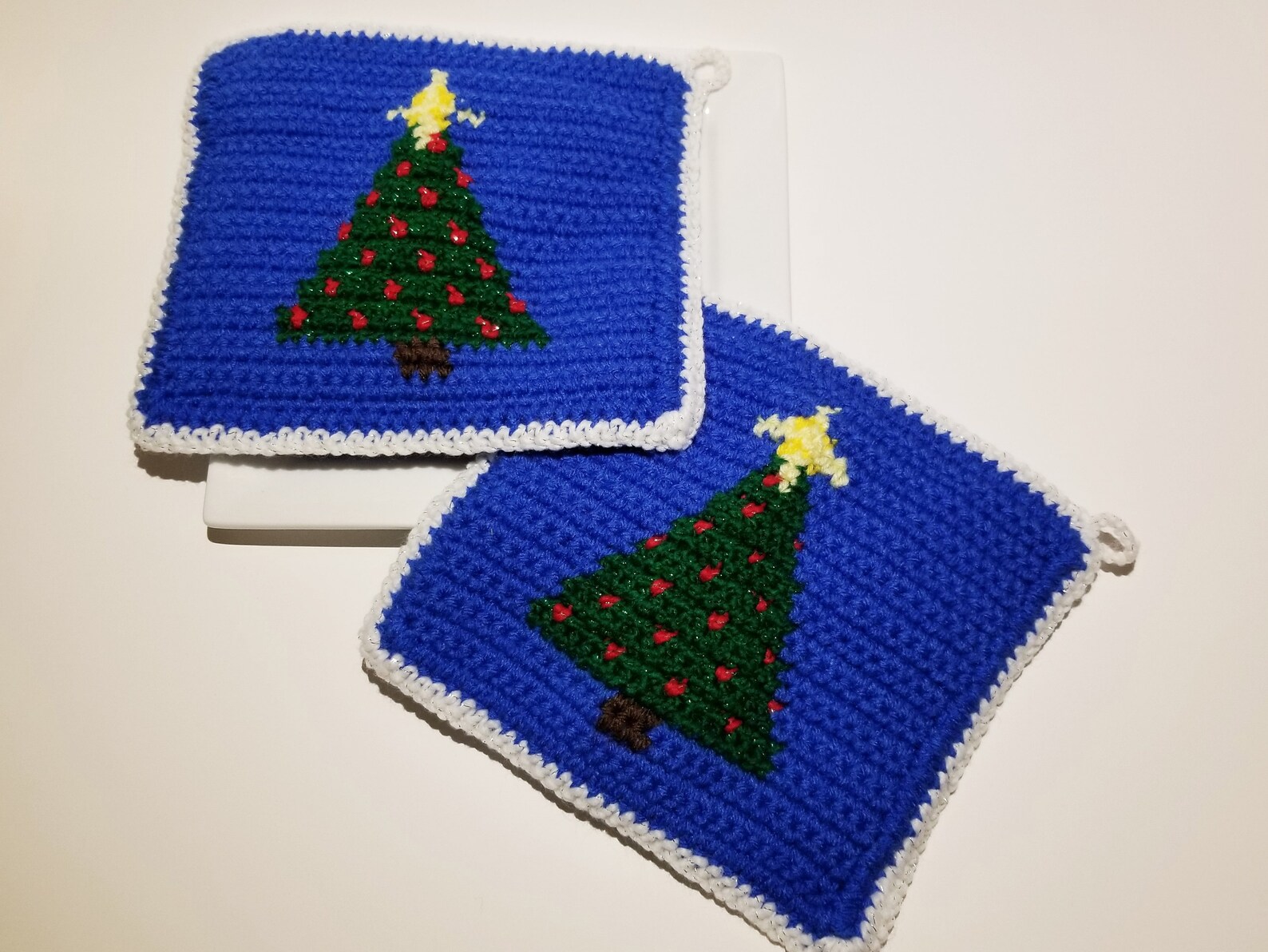 Set of Two Christmas Tree Potholders Christmas Potholders Crochet