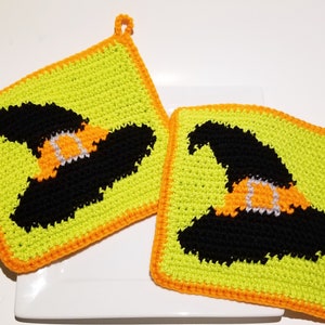 Halloween Witch Hat Potholders Black and Orange Potholders Pot Holders Spooky Holiday Kitchen - Cottage Witch Hat Gothic
