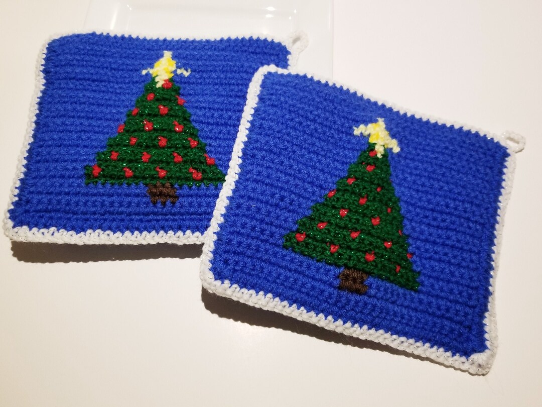 Set of Two Christmas Tree Potholders Christmas Potholders Crochet
