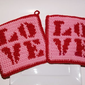 Crocheted LOVE Potholders: Red and Pink Hot Pads, Set of 2