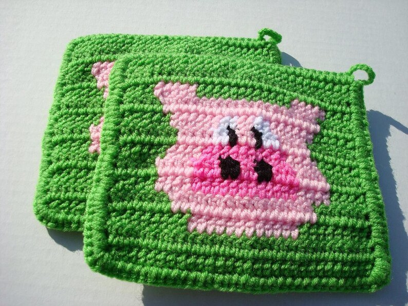 Two Pig Potholders Bright Lime Green Pig Potholders Pink Etsy
