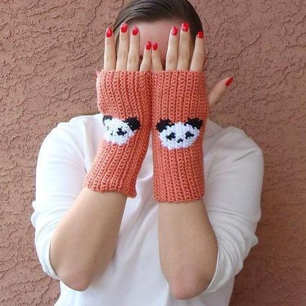 Persimmon Orange Panda Fingerless Gloves from Hoooked