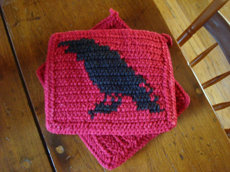 Raven Potholders Red Potholders Crochet Potholders Gift for Etsy