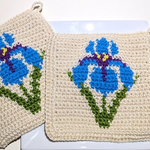 Iris Potholders, Flower Kitchen Decor, Hot Pad, Pot Holders Trivet Set of Two Blue and Purple Garden Mothers Day Gift Cottagecore for Mom