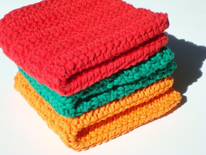 Green Red Orange Washcloths Set of Three Cotton Etsy