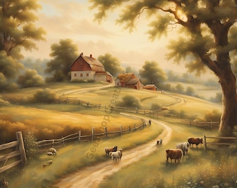 May include: A painting of a rural scene with a red barn, a winding dirt road, and a flock of sheep grazing in a field. The sun is shining brightly, and the sky is a soft blue.