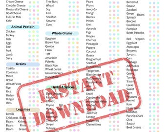 May include: A colorful chart titled "Baby's First 150 Foods" lists various food categories: dairy, common allergens, fruits, vegetables, animal protein, grains, legumes, herbs, spices, proteins, and seeds. The chart is designed to help parents.