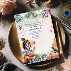 Baby Krishna Birthday Invitation, Editable Krishna Themed Invite, Lord Krishna Invites for Birthday, Krishna Puja Mobile Invitation