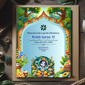 Baby Krishna Birthday Invitation, Krishna Themed Template, Krishna Puja Mobile Invitation, Lord Krishna Jungle Theme Birthday
