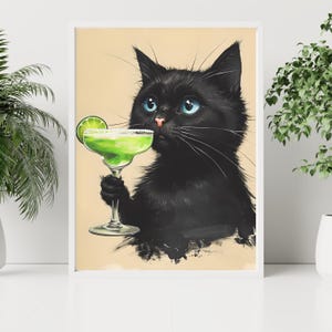 Retro Black Cat Martini Wall Art Bar Cart Decor Cocktail Art Bar Decor Vintage Oil Painting Black Cat Print Eclectic Wall Art Cute Cat Art