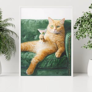 レトロな猫のマティーニの壁アートバーカートの装飾カクテルアートバーの装飾ヴィンテージ油絵黄色の猫のプリント電気壁アートかわいい猫のアート