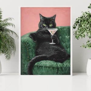 レトロな黒猫のマティーニウォールアートバーカートの装飾カクテルアートバーの装飾ヴィンテージ油絵黒猫のプリント折衷的なウォールアートかわいい猫のアート