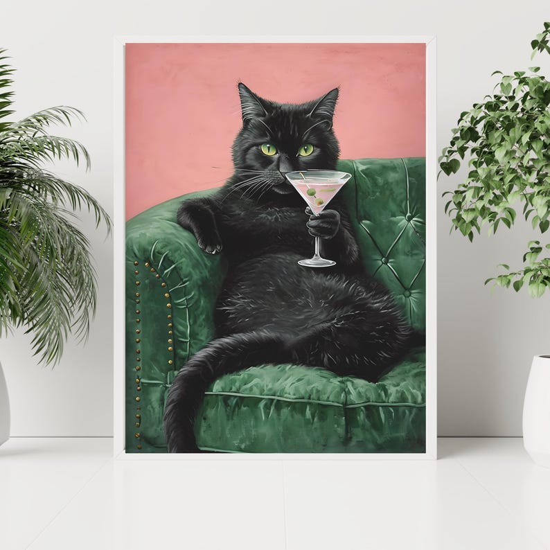Retro Black Cat Martini Art Print, Bar Cart Decor (digital Download) - Etsy