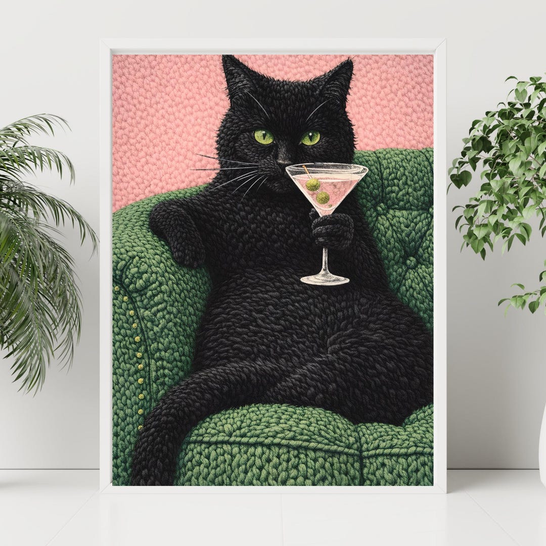 Faux Yarn Retro Black Cat Martini Art Print, Bar Cart Decor, Cat Lover ...