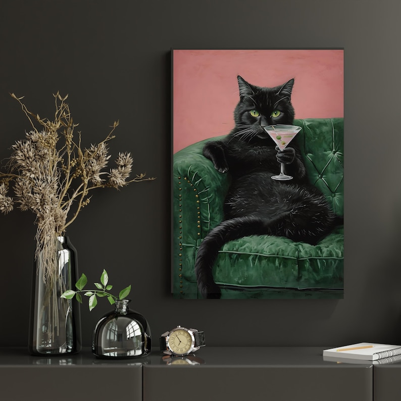 Retro Black Cat Martini Art Print, Bar Cart Decor (digital Download) - Etsy